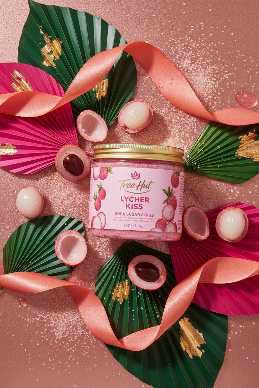 Tree Hut Lychee Kiss Shea Sugar Scrub styled in a vibrant tropical flatlay with lychee fruits, pink flowers and sugar crystals