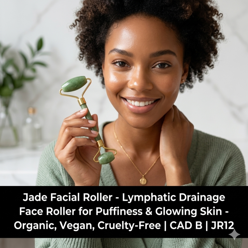 Jade Facial Roller - Lymphatic Drainage Face Roller for Puffiness & Glowing Skin - Organic, Vegan, Cruelty-Free | CAD B | JR12